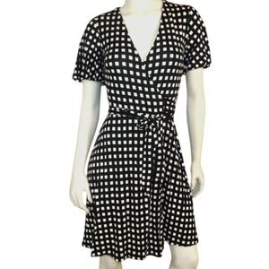 ANN TAYLOR Wrap Dress, 0, Black/White Check, Short sleeve, Knee length, Stretch